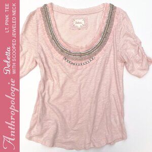Anthropologie Jeweled Scooped Neck Light Pink Tee Size S